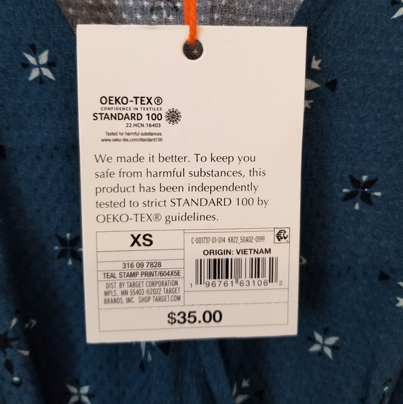 Teal Stamp Print Flutter Long Sleeve Faux Wrap Dress - Knox Rose - Picture 4 of 8